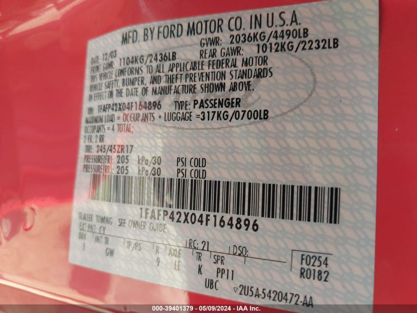 2004 Ford Mustang Gt VIN: 1FAFP42X04F164896 Lot: 39401379