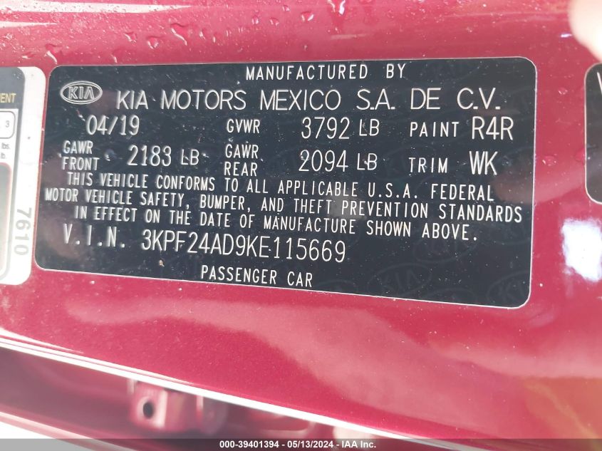 2019 Kia Forte Lxs VIN: 3KPF24AD9KE115669 Lot: 39401394