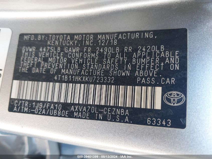 2019 Toyota Camry Le VIN: 4T1B11HKXKU723332 Lot: 39401399