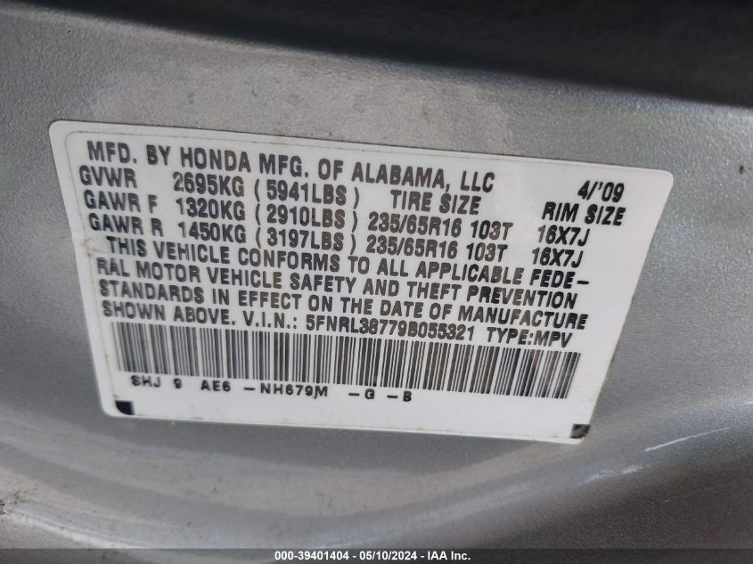 2009 Honda Odyssey Ex-L VIN: 5FNRL38779B055321 Lot: 39401404