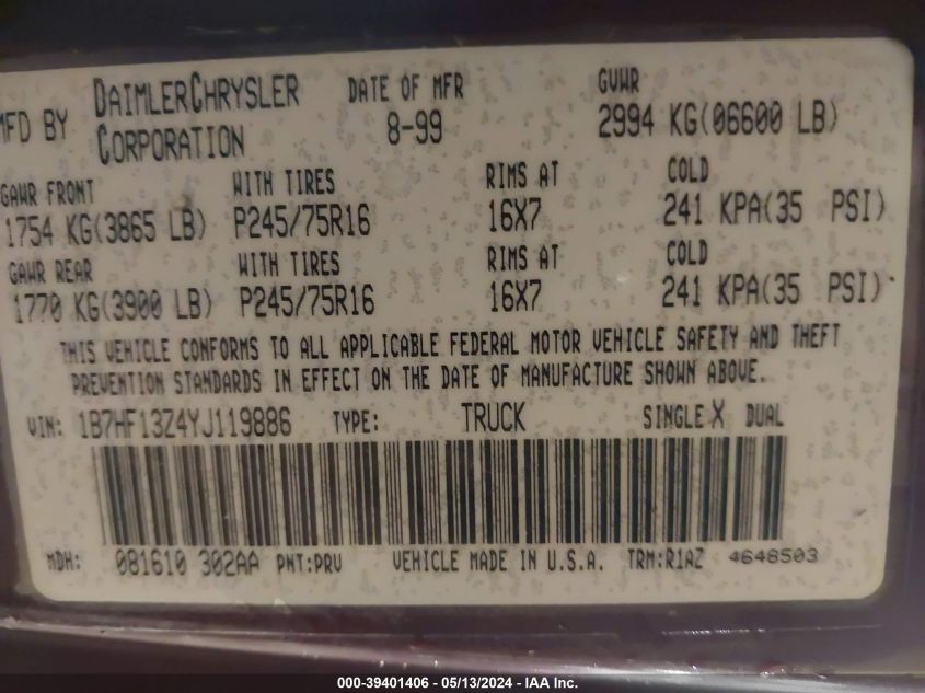 2000 Dodge Ram 1500 St VIN: 1B7HF13Z4YJ119886 Lot: 39401406