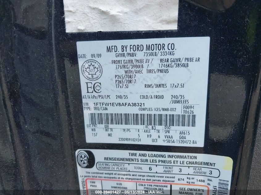 2010 Ford F-150 Fx4/Harley-Davidson/King Ranch/Lariat/Platinum/Xl/Xlt VIN: 1FTFW1EV8AFA38321 Lot: 39401427