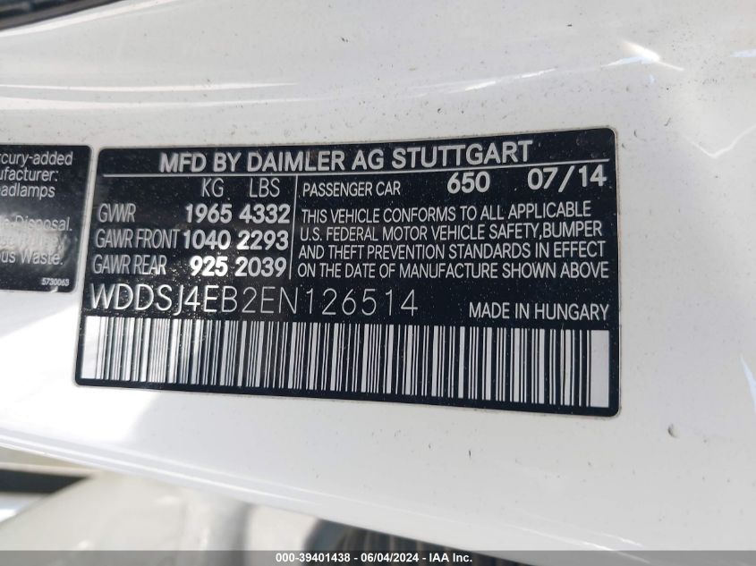 WDDSJ4EB2EN126514 2014 Mercedes-Benz Cla 250