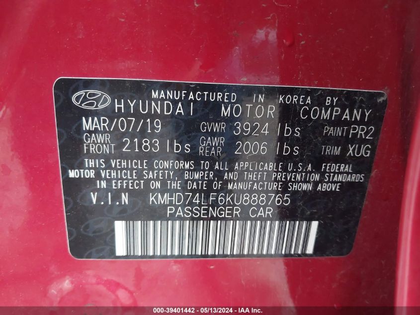 2019 Hyundai Elantra Se VIN: KMHD74LF6KU888765 Lot: 39401442