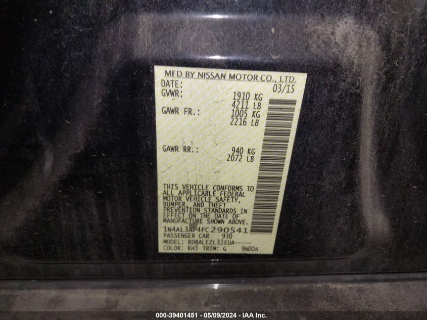 2015 Nissan Altima 2.5 S VIN: 1N4AL3AP4FC290541 Lot: 39401451