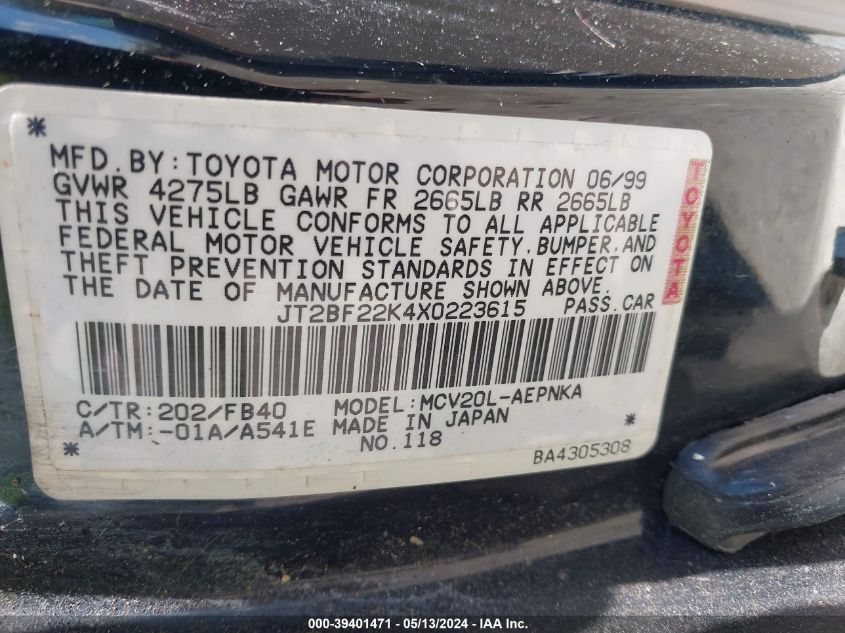 1999 Toyota Camry Le V6 VIN: JT2BF22K4X0223615 Lot: 39401471