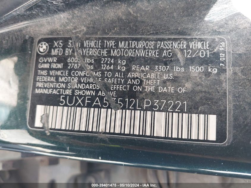2002 BMW X5 3.0I VIN: 5UXFA53512LP37221 Lot: 39401475