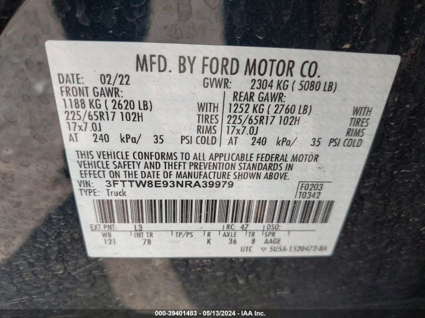 3FTTW8E93NRA39979 2022 Ford Maverick Xlt