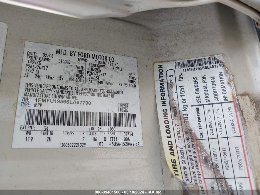 2006 Ford Expedition Limited VIN: 1FMFU19566LA67790 Lot: 39401500