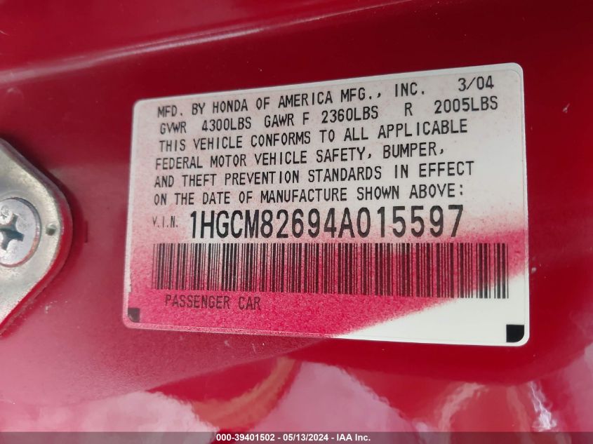 2004 Honda Accord 3.0 Ex VIN: 1HGCM82694A015597 Lot: 39401502