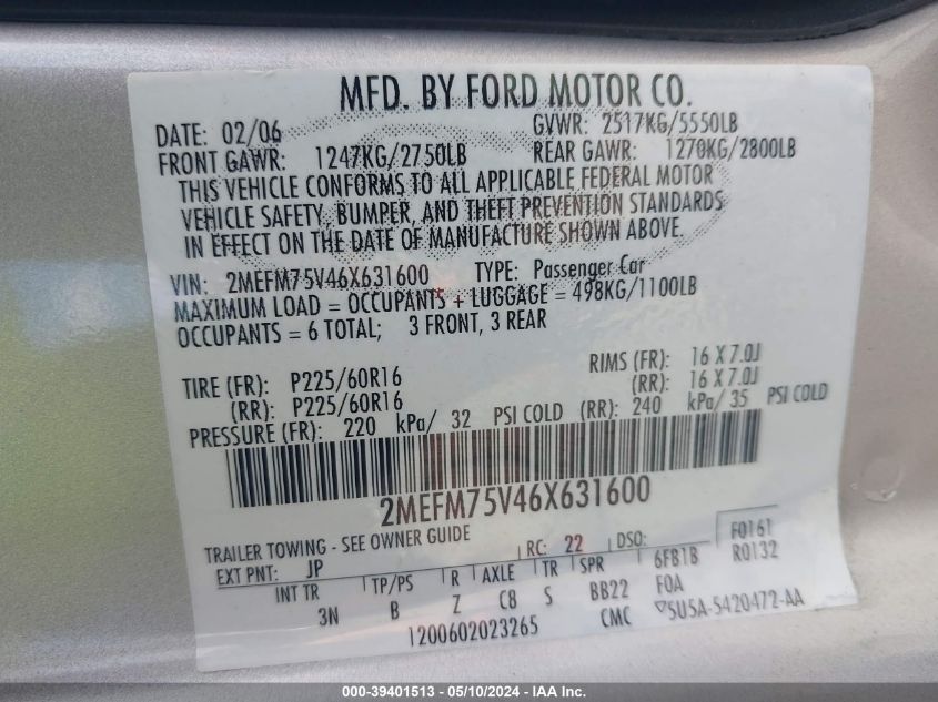 2006 Mercury Grand Marquis Ls VIN: 2MEFM75V46X631600 Lot: 39401513