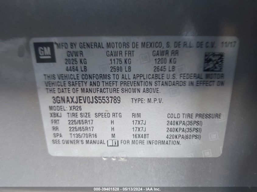 2018 Chevrolet Equinox Lt VIN: 3GNAXJEV0JS553789 Lot: 39401528