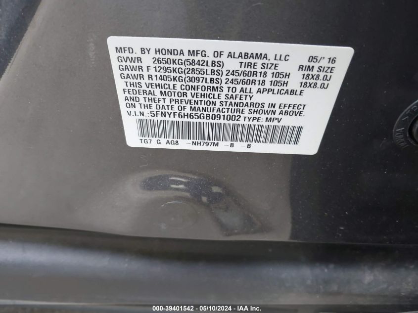 2016 Honda Pilot Ex-L VIN: 5FNYF6H65GB091002 Lot: 39401542