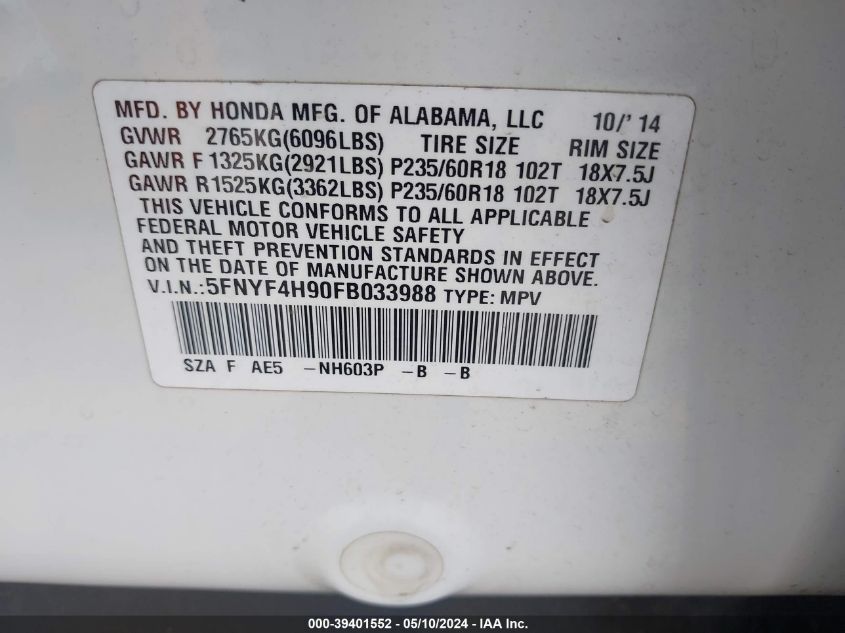 2015 Honda Pilot Touring VIN: 5FNYF4H90FB033988 Lot: 39401552