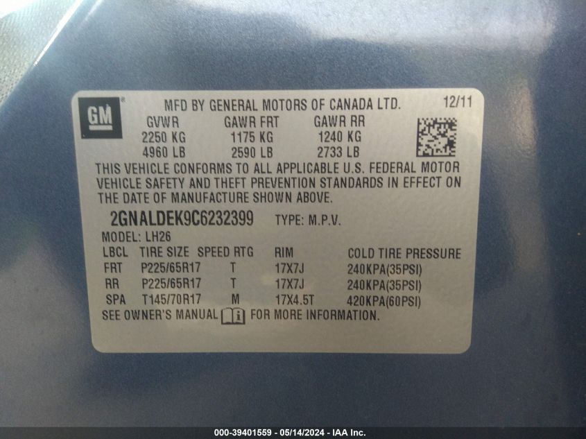 2012 Chevrolet Equinox 1Lt VIN: 2GNALDEK9C6232399 Lot: 39401559