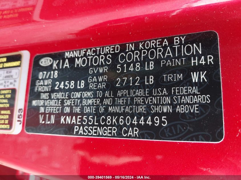 2019 Kia Stinger Gt2 VIN: KNAE55LC8K6044495 Lot: 39401569