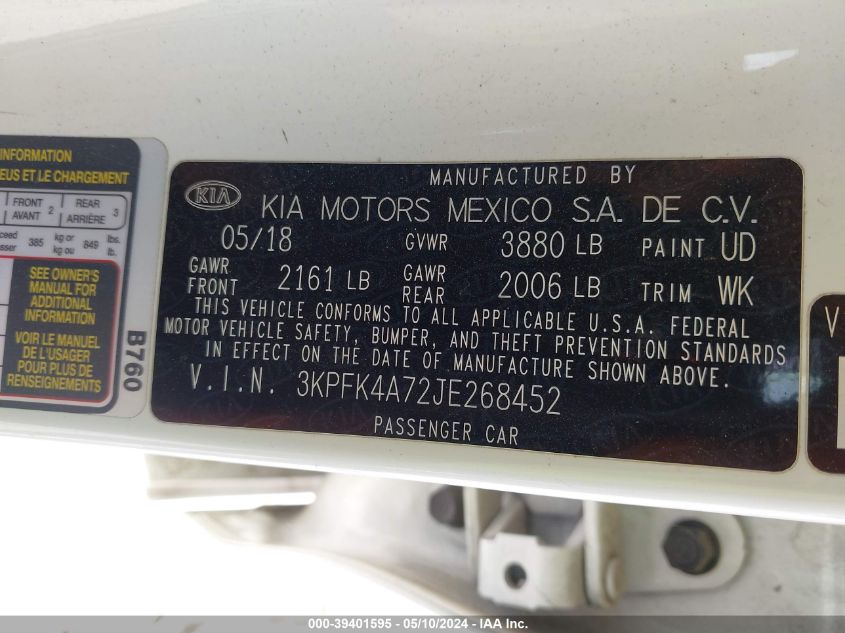 2018 Kia Forte Lx VIN: 3KPFK4A72JE268452 Lot: 39401595