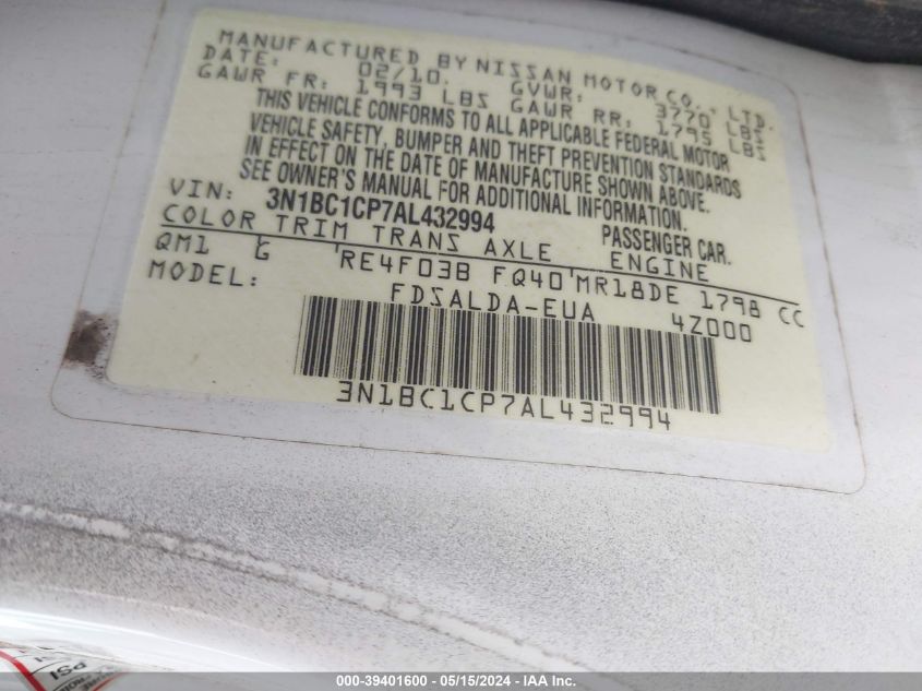 2010 Nissan Versa 1.8S VIN: 3N1BC1CP7AL432994 Lot: 39401600