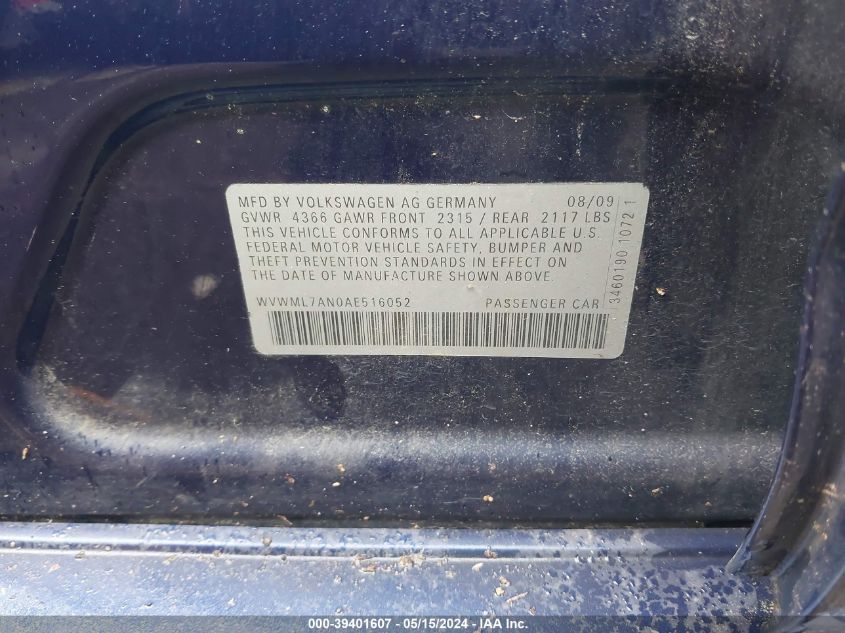 2010 Volkswagen Cc Sport VIN: WVWML7AN0AE516052 Lot: 39401607