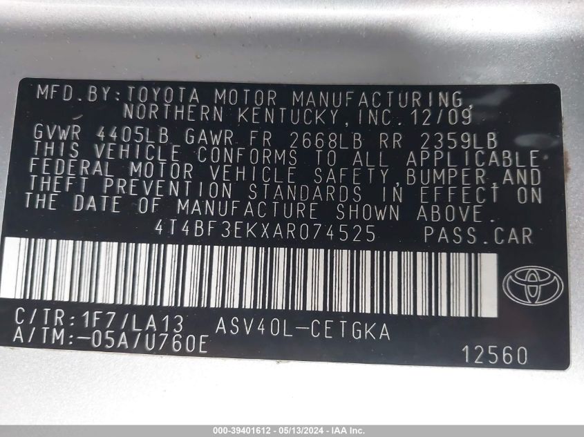 2010 Toyota Camry Se/Le/Xle VIN: 4T4BF3EKXAR074525 Lot: 39401612