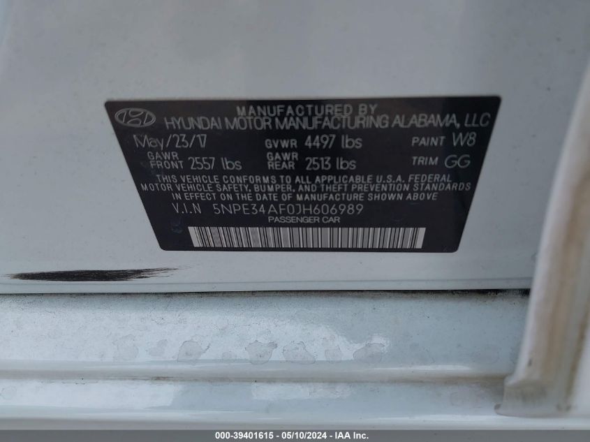 2018 Hyundai Sonata Limited VIN: 5NPE34AF0JH606989 Lot: 39401615