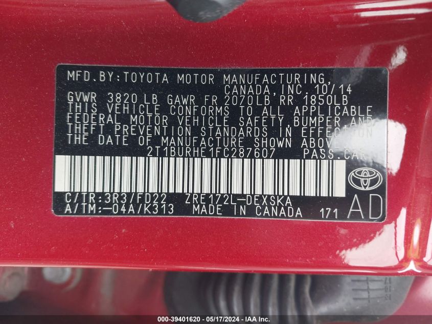 2015 Toyota Corolla S Plus VIN: 2T1BURHE1FC287607 Lot: 39401620