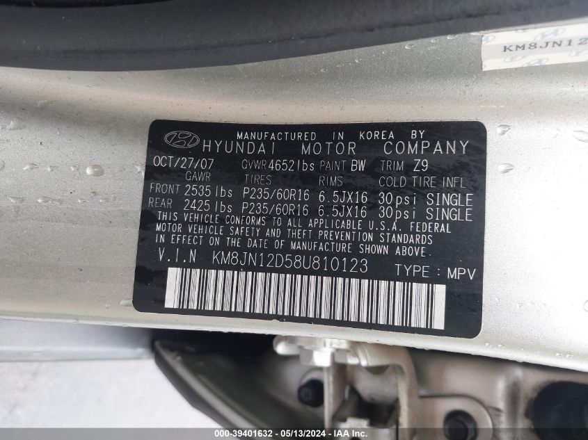 2008 Hyundai Tucson Limited V6/Se VIN: KM8JN12D58U810123 Lot: 39401632