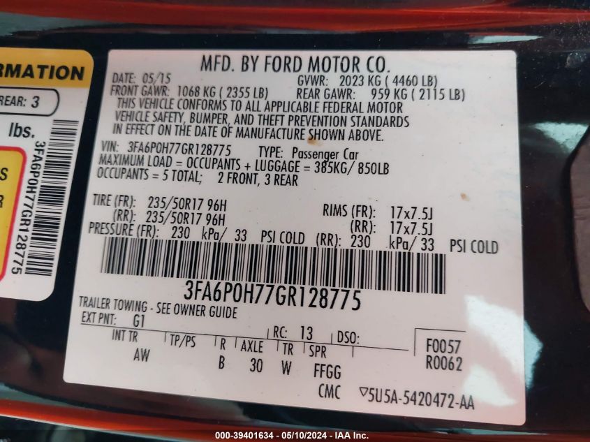 2016 FORD FUSION SE - 3FA6P0H77GR128775