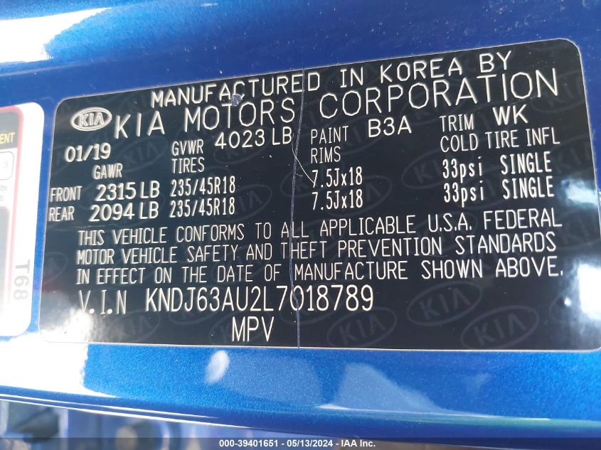 2020 Kia Soul Gt-Line VIN: KNDJ63AU2L7018789 Lot: 39401651