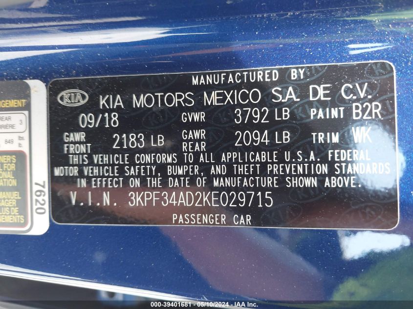 2019 Kia Forte S VIN: 3KPF34AD2KE029715 Lot: 39401681