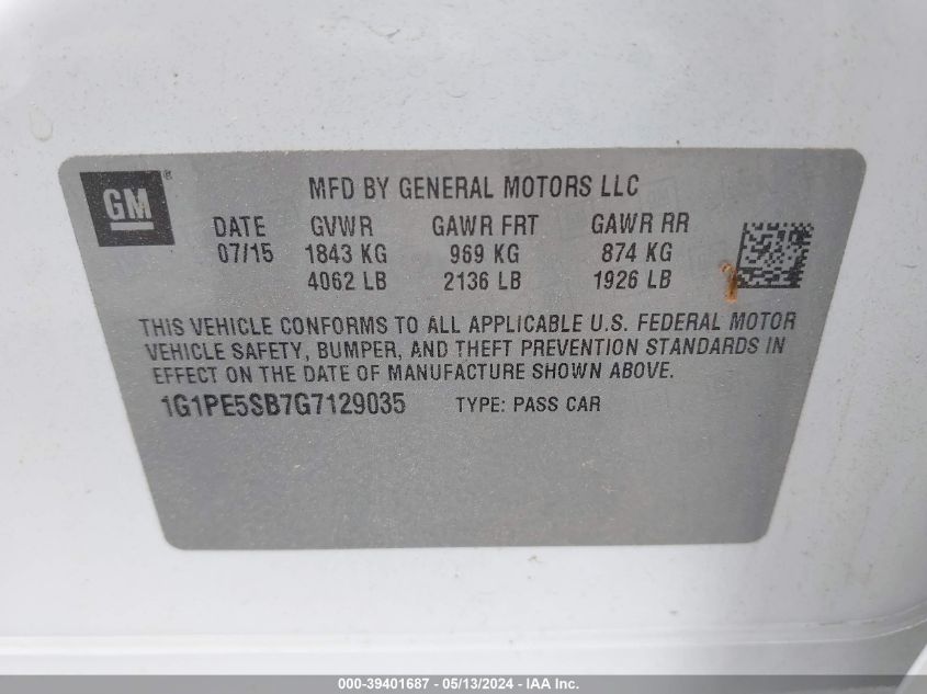 2016 Chevrolet Cruze Limited 1Lt Auto VIN: 1G1PE5SB7G7129035 Lot: 39401687