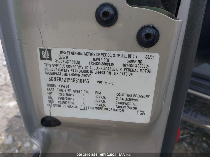 2004 Chevrolet Avalanche 1500 VIN: 3GNEK12T54G310165 Lot: 39401691