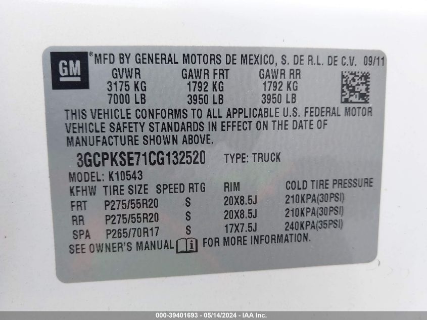 2012 Chevrolet Silverado 1500 Lt VIN: 3GCPKSE71CG132520 Lot: 39401693