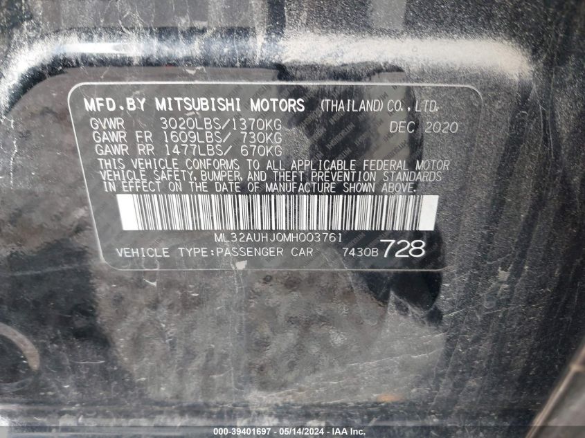 2021 Mitsubishi Mirage Carbonite Edition/Es/Le VIN: ML32AUHJ0MH003761 Lot: 39401697