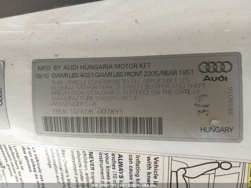 2011 Audi Tts 2.0T Premium Plus VIN: TRUK1AFK0B1007893 Lot: 39401701