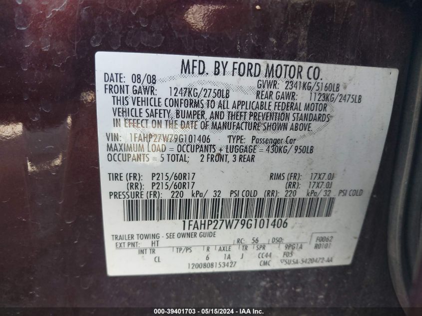 2009 Ford Taurus Sel VIN: 1FAHP27W79G101406 Lot: 39401703