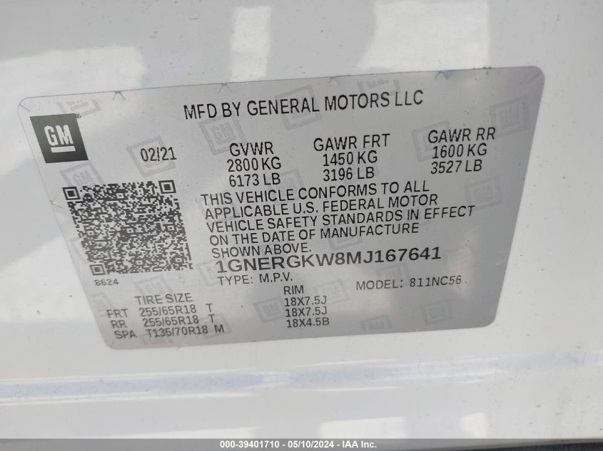 2021 Chevrolet Traverse Fwd Lt Cloth VIN: 1GNERGKW8MJ167641 Lot: 39401710