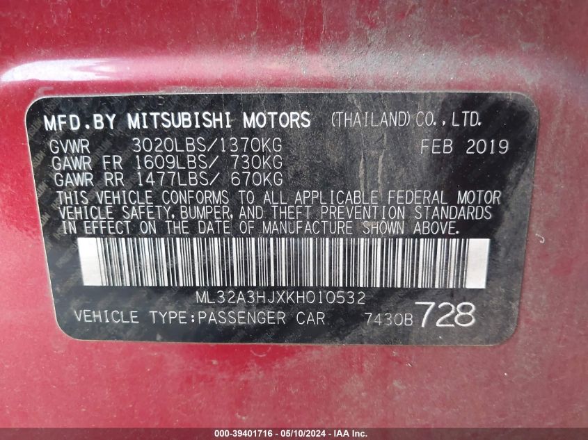 2019 Mitsubishi Mirage Rf VIN: ML32A3HJXKH010532 Lot: 39401716