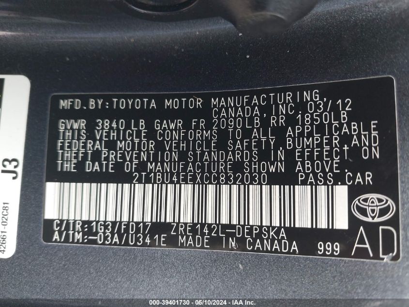 2012 Toyota Corolla S VIN: 2T1BU4EEXCC832030 Lot: 39401730