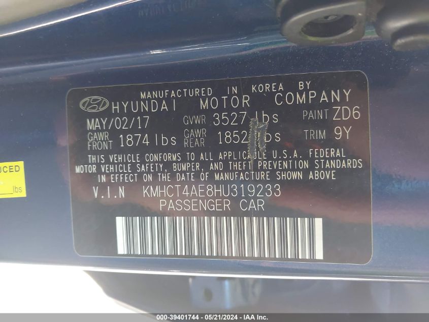 2017 Hyundai Accent Se VIN: KMHCT4AE8HU319233 Lot: 39401744