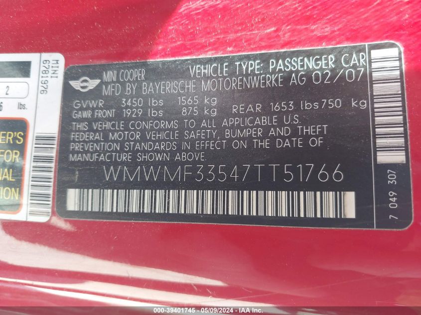 2007 Mini Cooper VIN: WMWMF33547TT51766 Lot: 39401745