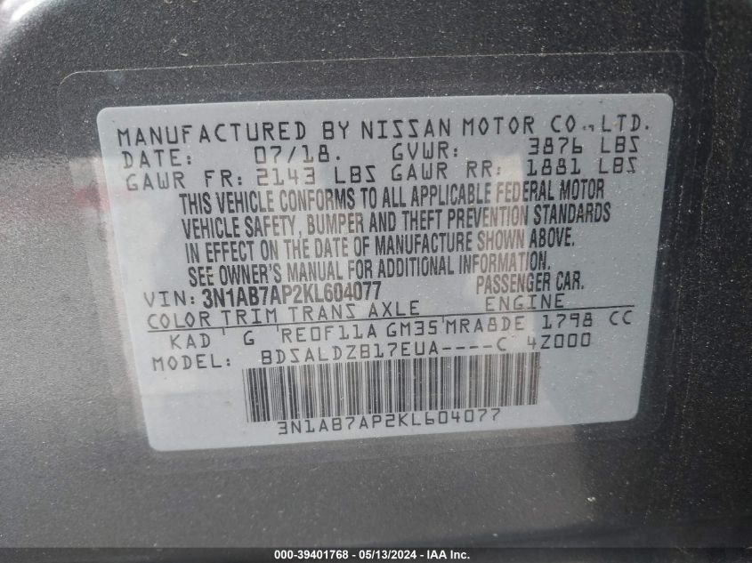 3N1AB7AP2KL604077 2019 Nissan Sentra Sv