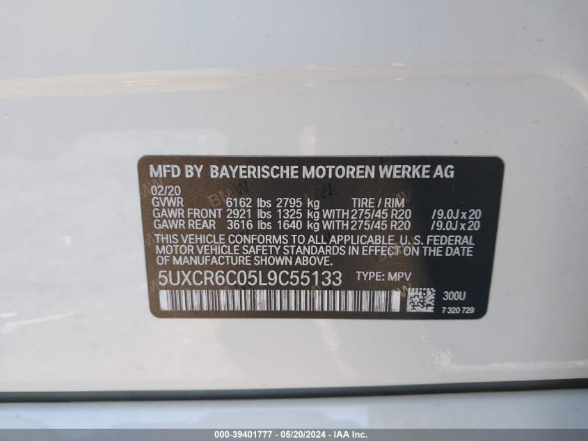 2020 BMW X5 xDrive40I VIN: 5UXCR6C05L9C55133 Lot: 39401777