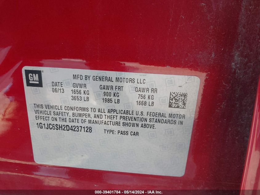 2013 Chevrolet Sonic Lt Auto VIN: 1G1JC6SH2D4237128 Lot: 39401784