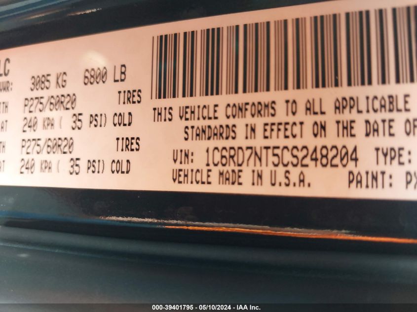 2012 Ram 1500 Laramie VIN: 1C6RD7NT5CS248204 Lot: 39401795