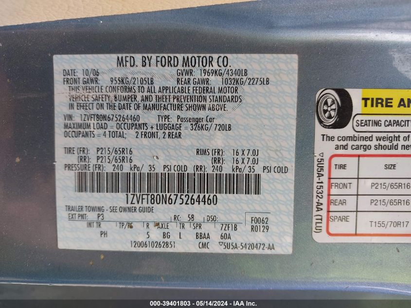 2007 Ford Mustang V6 Deluxe/V6 Premium VIN: 1ZVFT80N675264460 Lot: 39401803