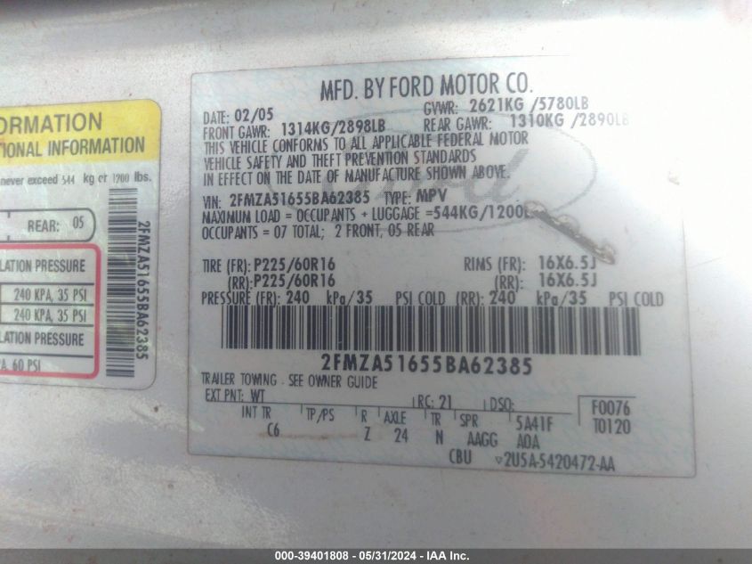 2005 Ford Freestar Se VIN: 2FMZA51655BA62385 Lot: 39401808