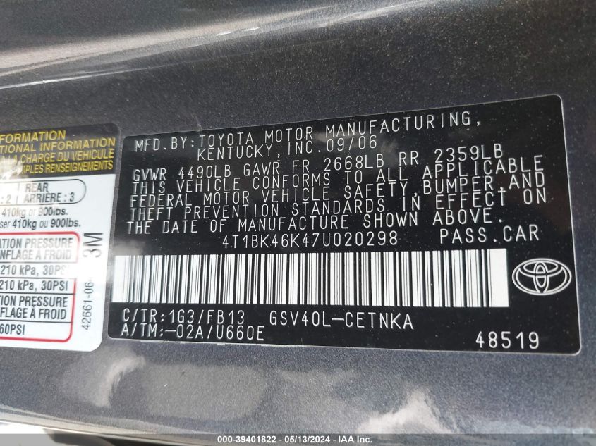 2007 Toyota Camry Le V6 VIN: 4T1BK46K47U020298 Lot: 39401822