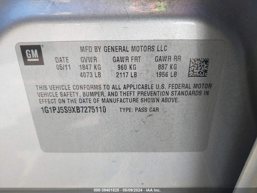 2011 Chevrolet Cruze Eco VIN: 1G1PJ5S9XB7275110 Lot: 39401825