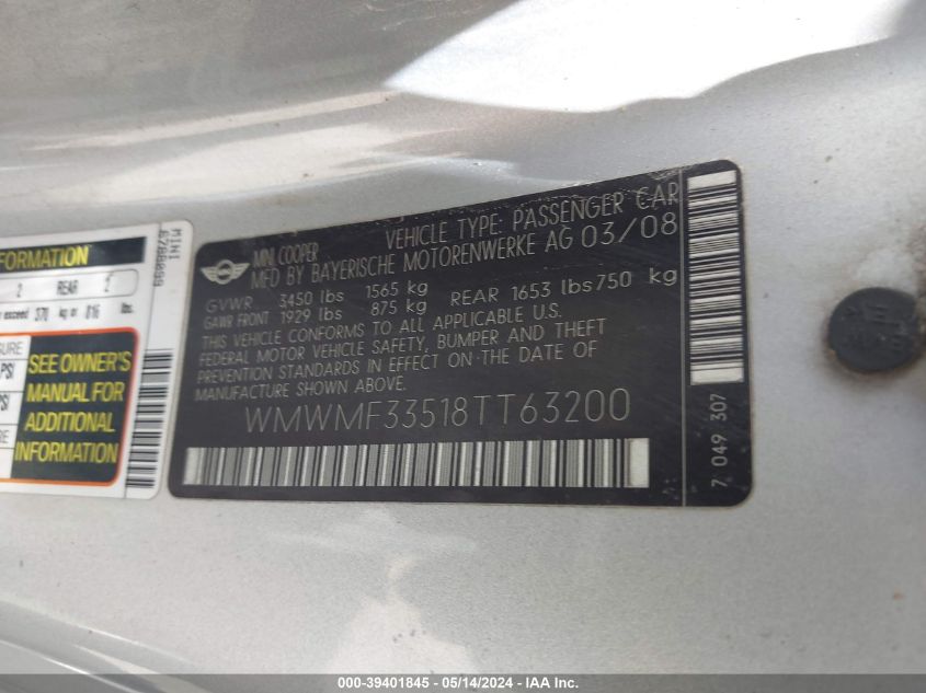 2008 Mini Cooper VIN: WMWMF33518TT63200 Lot: 39401845